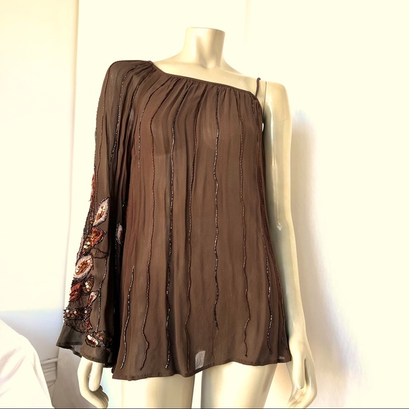 Vintage Brown Chiffon Off Shoulder One Sleeve Top - Picture 5 of 12